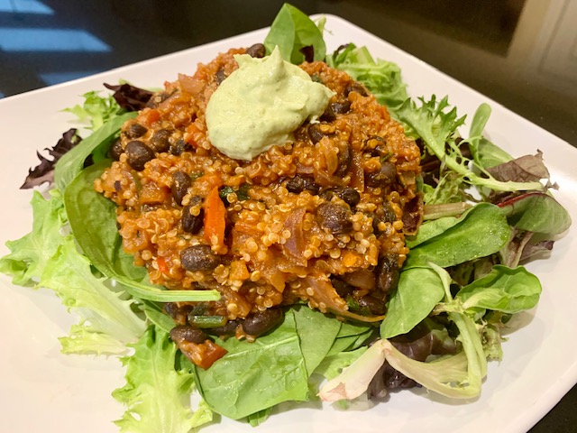 Quinoa Black Bean Taco Filling with Creamy Avocado Sauce