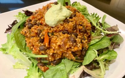 Quinoa Black Bean Taco Filling with Creamy Avocado Sauce